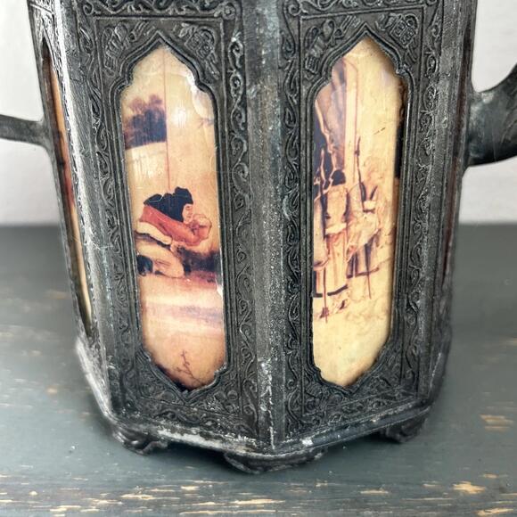 Antique Chinese 1910 Swatow Pewter 8 Panel Reverse Painted Glass Teapot, NO LID - Picture 10 of 13